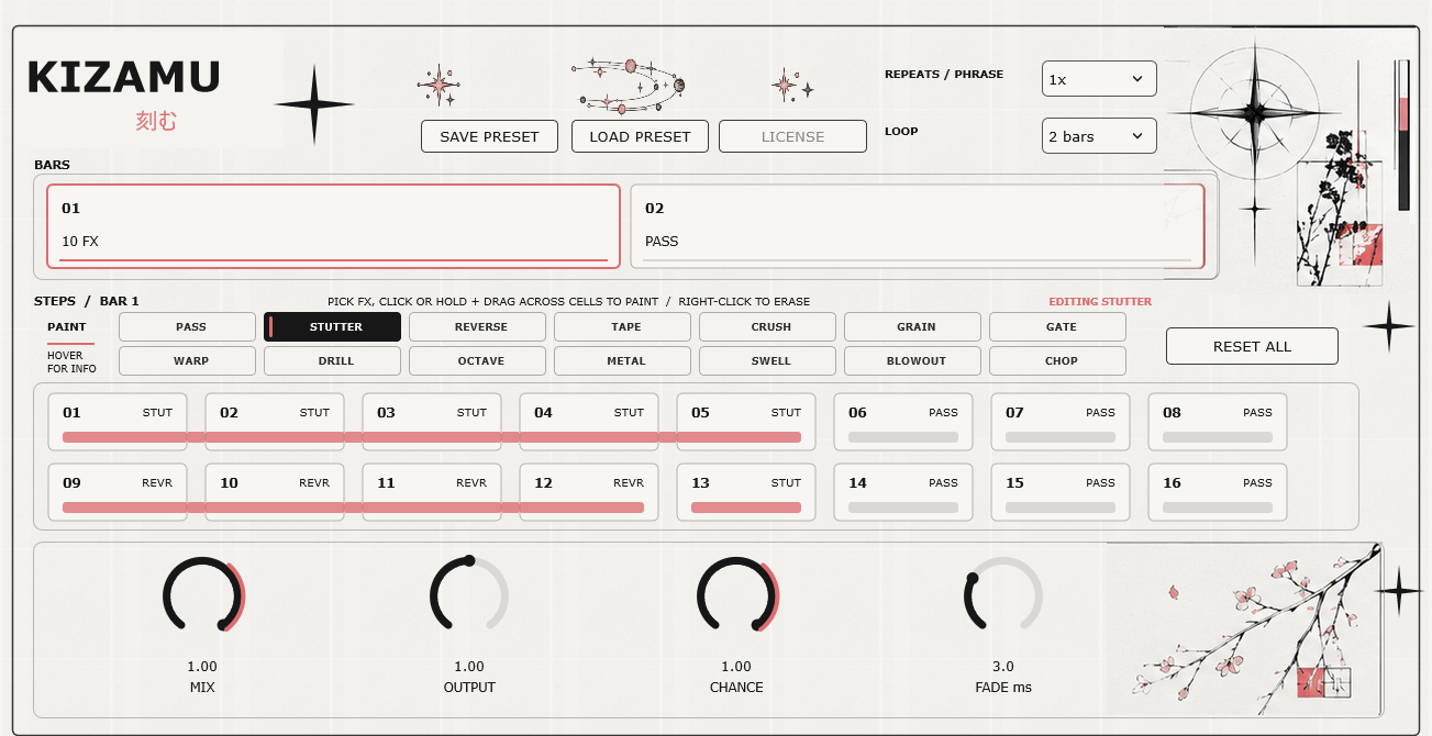 Kizamu editor with a selected bar, stutter and reverse steps, effect palette, and controls